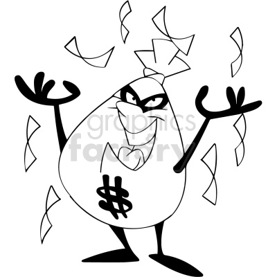 Black and white clipart illustration of a cartoon money bag character with a mischievous expression, throwing around pieces of paper.