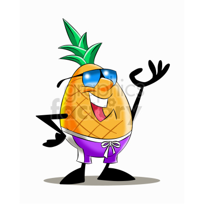 A cheerful anthropomorphic pineapple wearing sunglasses and purple swim shorts, smiling and giving a thumbs up gesture.