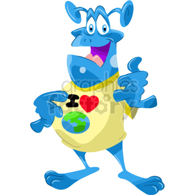 A cheerful blue cartoon character with antennae, wearing an 'I love Earth' t-shirt and pointing forward.