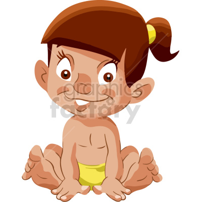 A cheerful, cartoon-style baby sitting with a big smile on their face. The baby has brown hair tied in a ponytail with a yellow band and is wearing a yellow diaper.