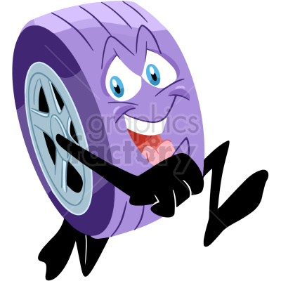A cartoon illustration of a purple tire with a smiling face, blue eyes, and black arms and legs.