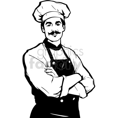 Clipart image of a chef with a mustache, wearing a chef's hat and apron, with arms crossed and smiling expression.