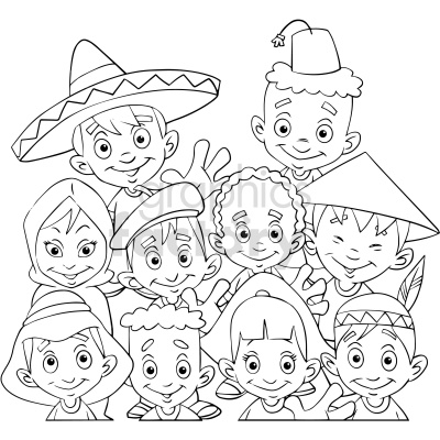 black and white vector students of different ethnicities cartoon