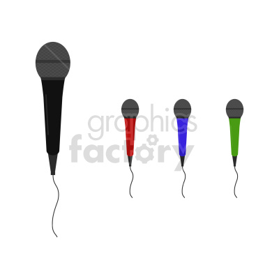 A clipart image featuring four wired microphones in varying sizes and colors (black, red, blue, green).