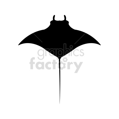 Black silhouette of a manta ray with extended wings and a long tail.