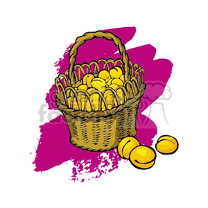 The clipart image features a brown woven basket with a handle, filled with yellow apricots. A few apricots are scattered next to the basket, and there's a pink brushstroke-like background behind the basket.