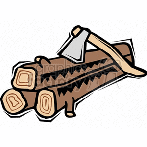 The clipart image depicts a collection of chopped logs, one of which has an axe embedded in it. The illustration suggests themes of lumber preparation, wood-cutting, or firewood harvesting.