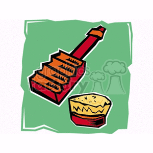 The image shows two items, illustrated in a clipart style. There's a horse grooming brush with a handle, its bristles clearly visible, and next to it, likely a container perhaps meant for holding a cleaning solution or horse shampoo. 