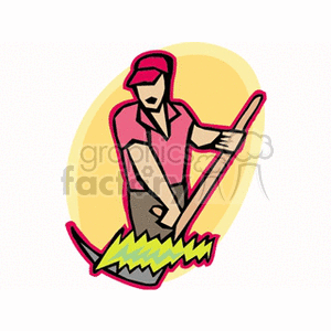 The image is a stylized clipart illustration that features a farmer at work. The farmer, depicted in profile, is wearing a cap and appears to be using a long-handled tool, such as a hoe or shovel, to till or cultivate the ground. There is a simplified representation of plants or the earth being disturbed by the farming activity. The background includes a simplistic circular yellow shape, perhaps to represent the sun, giving a context of outdoor agricultural work. The image uses bold lines and bright, flat colors, typical of clipart designs, to convey its message.