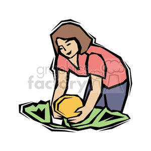 The clipart image depicts a woman engaged in gardening, specifically, she appears to be harvesting or examining a large yellow fruit or vegetable from the plants around her.