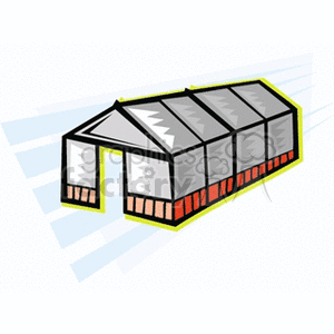 This clipart image shows a simplified representation of a greenhouse structure, commonly used for growing plants in a controlled environment. The greenhouse depicted has clear paneled roofing, which is typical to allow sunlight to reach the plants inside. It also features what appears to be red brick at the base and a frame that may be made of metal or wood. The image is stylized and cartoon-like.