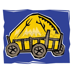 The image shows a stylized representation of a wagon filled with hay or straw. The wagon is outlined in bold lines and it features large wheels with a star-like pattern on them. The background appears to be a blue color suggesting the sky, framing the wagon and giving it prominence. The hay is depicted in a yellow color, overflowing from the wagon's bed, indicating a bountiful load typical of farm scenes or agricultural settings.