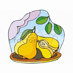 The clipart image depicts a whole pear and a sliced pear half, placed together on a plate. The background includes a hint of foliage, suggesting an agricultural or natural setting.