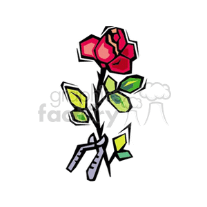   The clipart image shows a stylized illustration of roses. The roses appear to be in varying stages of bloom, with one flower being more open than the other. Additionally, there are leaves depicted on the stems, and what might represent thorns or branches. The colors are bright, with the roses in shades of red and pink, and the leaves in green. 