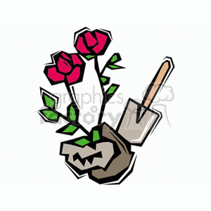 The clipart image features three stylized red roses with green leaves and stems, accompanied by a small garden shovel. The roses appear to be blooming and one is depicted as being planted in a clump of brown soil.