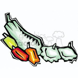 The clipart image features stylized representations of various vegetables. There is a squash, bell peppers, and what might be lettuce heads or cabbages. These vegetables are depicted in a bold, cartoonish style with outlines and limited detail, which is common in clipart images used for educational materials, websites, or presentations.