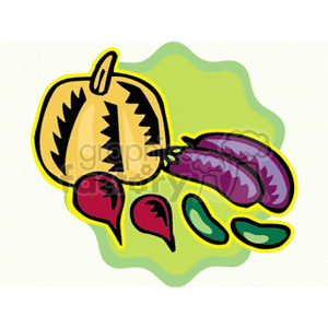 The clipart image features a collection of stylized vegetables, including a pumpkin, eggplants (also known as aubergines), radishes, and cucumbers. The vegetables are depicted in a cartoon-like manner with bold outlines and vibrant colors.