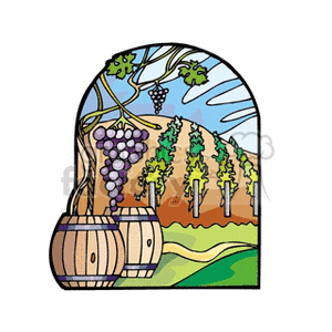 This clipart image depicts a picturesque vineyard scene. In the foreground, there are two wooden barrels, which are typically used for storing and aging wine. Above and to the left of the barrels, a grapevine is visible with a bunch of ripe grapes dangling from it, signifying grape cultivation. In the background, we can see rows of vines on trellises, indicative of a vineyard. The scene is framed within an arched window, through which a hilly landscape and blue sky can be observed.