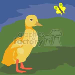 The clipart image shows a cartoonish illustration of a yellow duck chick, on a green background with a blue sky above. There is a yellow butterfly also flying near the ducks head.