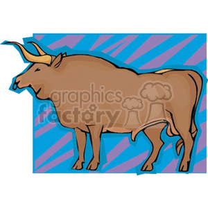 The clipart image depicts a stylized representation of a large brown animal that resembles a buffalo with prominent horns. The background is a pattern of blue diagonal stripes.