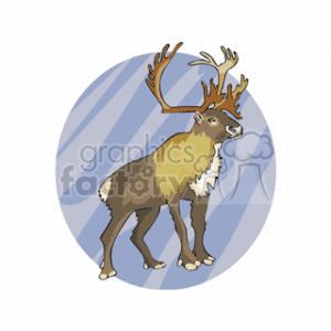 The clipart image shows a stylized representation of a brown deer with prominent antlers. The deer appears to be in motion, simulating running or walking. The background consists of simple blue and white stripes, indicating motion or the environment.