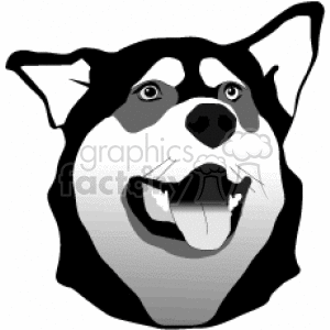 The image is a black and white clipart of a Siberian Husky dog. The husky appears to be very happy or excited, as it is portrayed with an open mouth, as if it is panting or smiling, and its tongue is visible. Its ears are upright and its eyes have a captivating and expressive look.