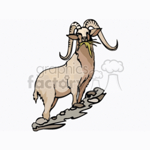 This clipart image features a stylized cartoon drawing of a ram. The ram has prominent curved horns and is depicted standing on what appears to be a patch of ground or rock, suggesting a mountainous environment. The ram is also shown with a tuft of greenery in its mouth, indicating it's eating.