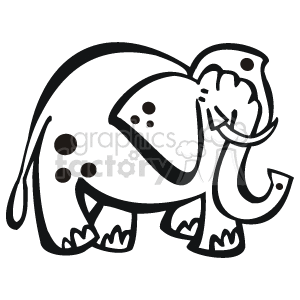 The image depicts a cartoon black-and-white line art drawing of an elephant with black spots, tusks, and a long trunk.