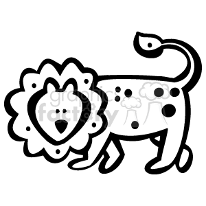   The image is a cartoon of a lion in black-and-white line art. The lion has a large, round face with a black nose, two small black eyes, and a closed mouth. Its ears are pointed, and its tail is long and bushy. The lion is standing on four feet with its 2 legs slightly raised as if it
