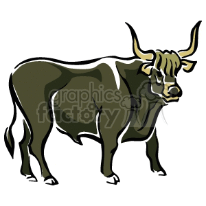 The clipart image shows a stylized representation of a bull or ox. It is a side profile of the animal with notable features such as horns, a muscular build, and hooved feet, characteristic of cattle or bulls.