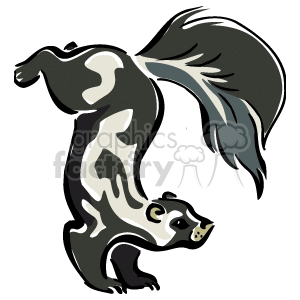 The image shows a skunk, which is an animal known for its ability to spray a strong-smelling liquid as a defense mechanism. The skunk is depicted in a stylized form commonly used in clipart, with a raised tail.