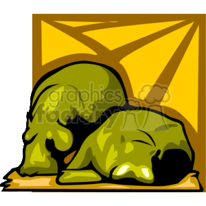 This is a stylized clipart image featuring two hippopotamuses (hippos) resting. The hippos are depicted in shades of green, with artistic shading adding to the cartoonish style of the image. The background has an abstract yellow pattern that resembles rays, possibly indicating sunlight or a decorative element. The image seems to capture the animals in a tranquil state, possibly sleeping or lounging.