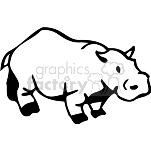 The image is a simple black and white line drawing of a hippopotamus. The hippo is depicted in profile, walking towards the left of the frame. It's a stylized, abstract representation, using clean lines and minimal detail to convey the overall shape and form of the animal.