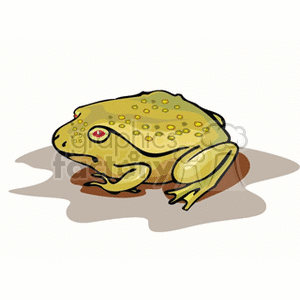 The clipart image depicts a cartoon-style illustration of a frog. The frog has a warty texture with spots on its skin, yellowish-green coloration, and a notable feature is its red eye. The frog is portrayed in a sitting position with a shadow beneath it, indicating it is resting on a surface.