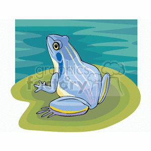 The clipart image shows a stylized blue frog sitting on a green lily pad, which is floating on water. The water is illustrated in shades of blue with wavy patterns, suggesting ripples or waves. The frog has large eyes, a prominent smile, and its right front leg is slightly extended. The background and surroundings give the impression of a peaceful, swampy water habitat.