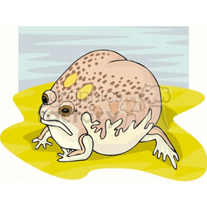 The clipart image features a cartoon of a large, bloated toad with warty skin, sitting on a yellow lily pad against a backdrop that suggests a watery environment. The toad is portrayed in a whimsical style, with exaggerated physical characteristics such as its enormous size and the prominent warts on its skin.