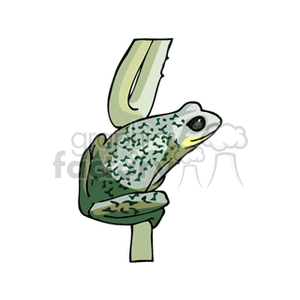This image depicts a cartoon clipart of a green, spotted frog perched on a plant stem. The frog is facing slightly to the side, and its spotted skin suggests it might be some type of tree frog.