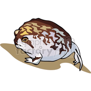 The image shows a clipart illustration of a bloated brown and white spotted frog or toad. The amphibian is depicted on a light background with a simple shadow under it, adding a sense of dimension.