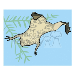 This is a clipart image of a frog in mid-jump. The frog is depicted from a perspective highlighting its belly or underside. It is surrounded by what appears to be water, represented by the blue background, and some green foliage that could resemble aquatic plants. The frog has its limbs extended, which is typical of the jumping motion.