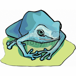 This image features a stylized illustration of a frog. The frog is blue in color and is depicted in a forward-facing pose while sitting on what appears to be a green lily pad.