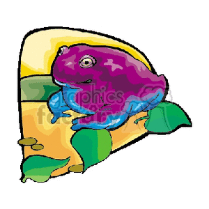 The clipart image shows a stylized, colorful frog perched on a leaf. The frog itself is not a realistic depiction but rather an artistic interpretation using vibrant purple and blue colors.