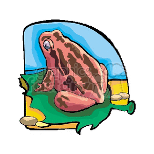The image shows a stylized illustration of a pink and brown frog or toad sitting on a green leaf with a blue and yellow background that might represent the sky and sun or other environmental elements. The amphibian appears to be resting and the image has a cartoonish, clipart aesthetic.