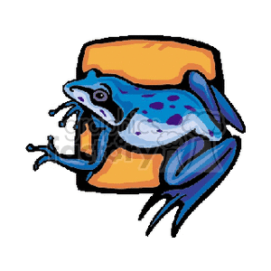 This clipart image features a stylized blue frog with spots. The frog is speckled with various shades of blue and has dark blue spots across its body and legs. It appears to be either resting or climbing on an edge with an orange and yellow gradient.