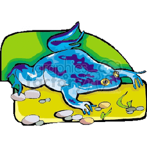 This clipart image depicts a stylized, colorful frog with shades of blue and green, possibly representing a blue toad or an amphibian. It appears to be swimming or astride a surface with a green background suggestive of foliage.