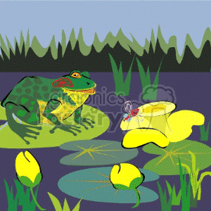 The clipart image features a vibrant scene with a frog sitting on a lily pad in the foreground. The frog appears to be observing or interacting with a small insect, possibly a fly or mosquito. The background includes other lily pads floating on the water, aquatic plants both above and beneath the surface, and tall green reeds rising up at the water's edge. The setting suggests a swamp, pond, or the edge of a lake, where amphibians like frogs and toads are commonly found. The image gives off a calm, natural vibe representing a typical freshwater aquatic habitat.