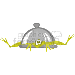 This is a humorous clipart image featuring a frog lying on its back under a serving platter lid. The frog's legs are splayed out to the sides, and its arms are reaching out from beneath the domed lid. This image is likely meant to play on the idea of frog legs being served as a dish, but in a playful and non-literal manner, showing the frog as whole and alive rather than as food.