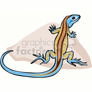 The clipart image depicts a stylized illustration of a lizard. The lizard has a streamlined body with a blue tail, yellow belly, and blue and brown markings on its back. It's perched on a small, tan-colored hill or mound.