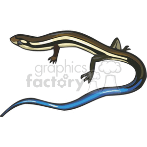 The image shows a stylized illustration of a blue-tailed skink, which is a type of lizard characterized by its prominent blue tail. The skink has a streamlined body, short legs, and a distinctive color pattern with a blue tail and stripes along its body.