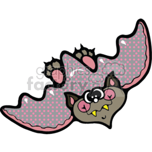 The clipart image shows a color drawing of a bat with its wings spread out. It has 2 fangs visible from its mouth. Its head is a gray color, with pink and purple wings. It has 2 rosy cheeks that give it a playful look. 
