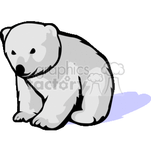 The clipart image shows a baby polar bear cub. It is a cartoon-style illustration of a fluffy white bear cub with black eyes and nose, standing on all fours. The background is transparent.

